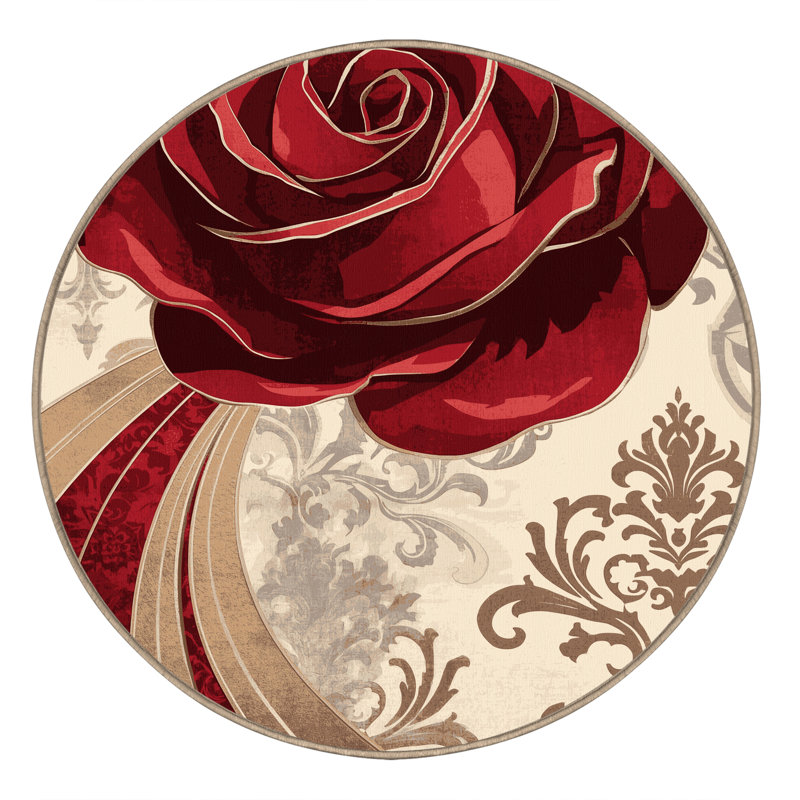 Machine Washable Paesyn Red Rose Ornate Glam Damask Rug in Red – Beige Binding, 8' Round
