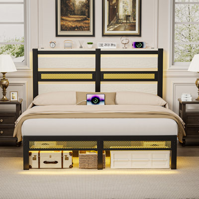 Bed Frame with LED Lights and Charging Station, Metal Platform Bed Frame with Under Bed Storage, Storage Headboard, Noise-Free/Metal Support/No Box Spring Needed