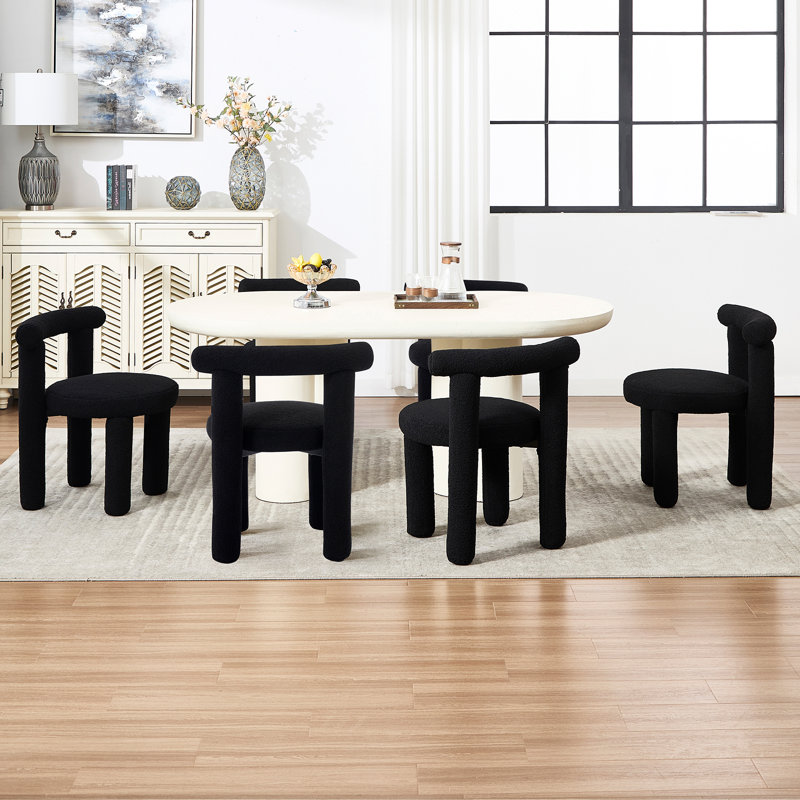 Set of 6 Upholstered 18.5'' Seat Height Sherpa Dining Chair With Solid Wood Legs, Black, 6