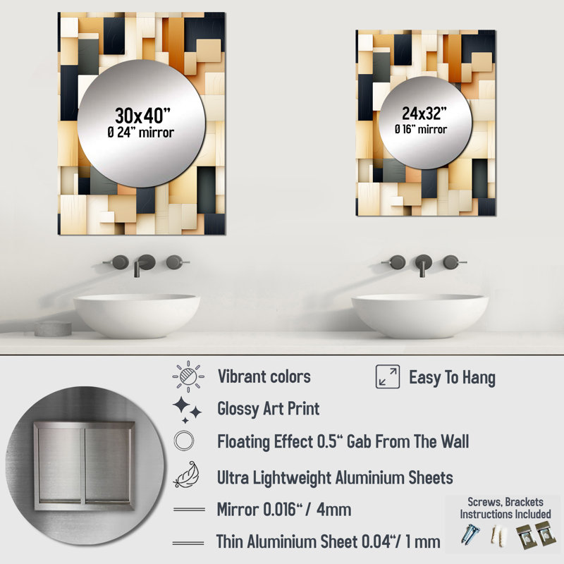 Abstract Taupe Blockchain Blocks - Modern & Contemporary Mirror Wall Decor MTMIR123550, 32" x 24"