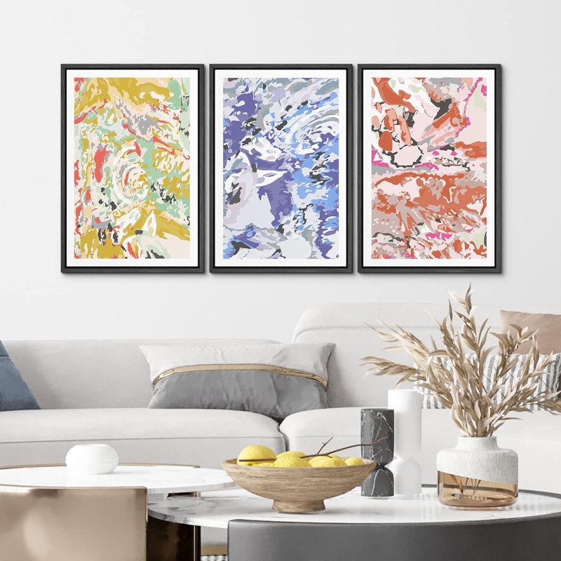 Abstrait arc-en-ciel coloré avec tourbillons colorés 3 pièces, Noir, H 36 po x l 24 po x P 1,5 po