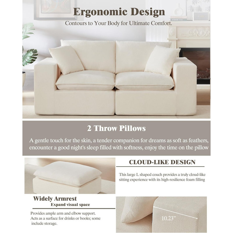 Canapé modulaire sans dossier 80 po Cloud, canapé modulaire à assise profonde, causeuse convertible et confortable, Blanc