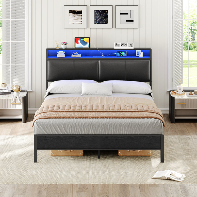 Jeffory Bed with Storage Headboard and Integrated Charging Station, Full, Black