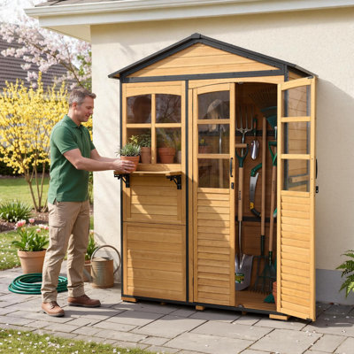 Remise à outils pour l'extérieur de 51,2 po x P 24,8 po avec toit en asphalte, armoire de rangement avec tablettes réglables et table pliable