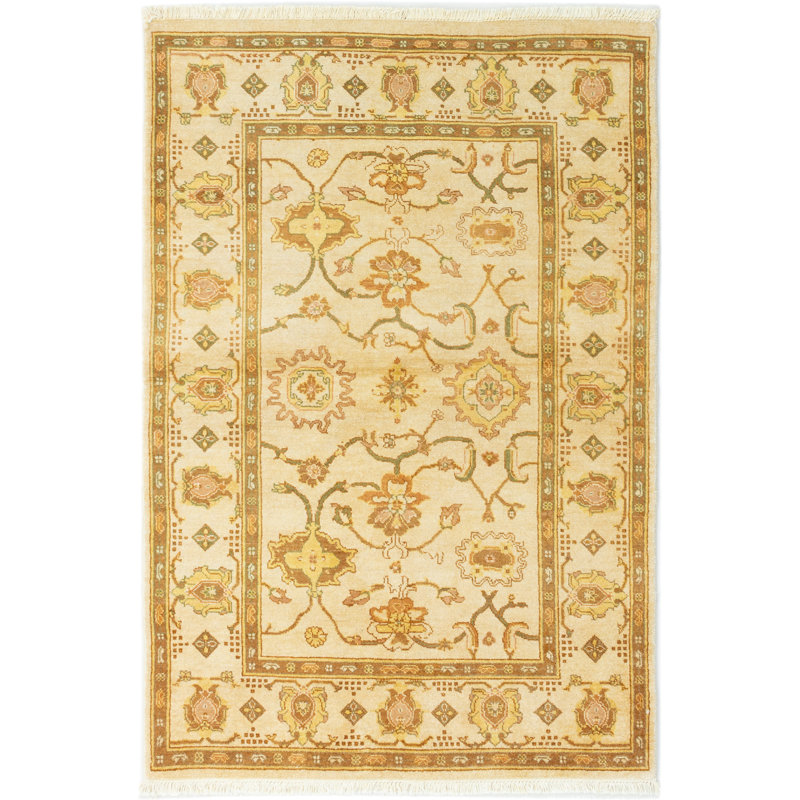 Tapis unique en laine noué à la main style Chobi des années 2010 de 4 pi 1 po x 6 pi 1 po brun clair Quincella