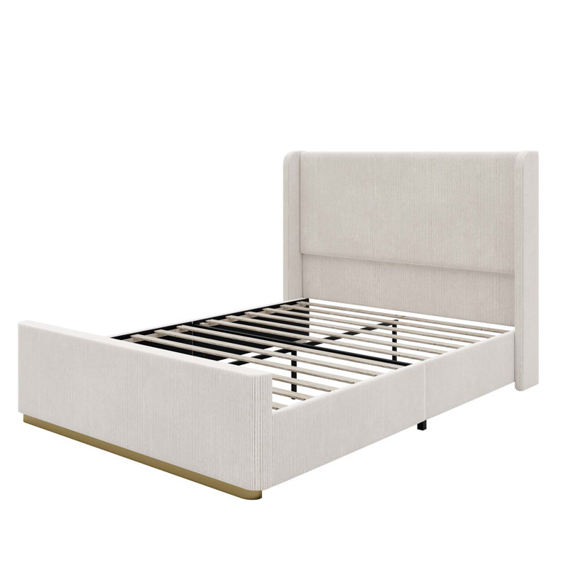Lit plateforme tapissier à oreilles avec tête de lit et pied de lit haut, Gris clair, Grand lit