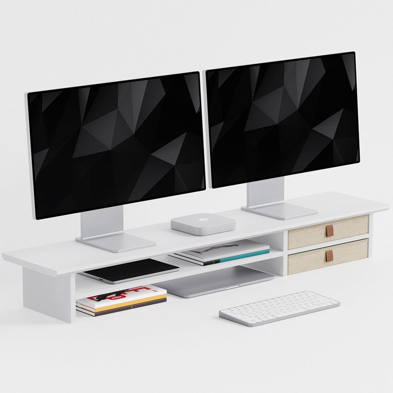 Support pour écran à deux niveaux avec tiroirs, tablette de bureau pour 2 moniteurs, imprimante ou téléviseur lourd, blanc