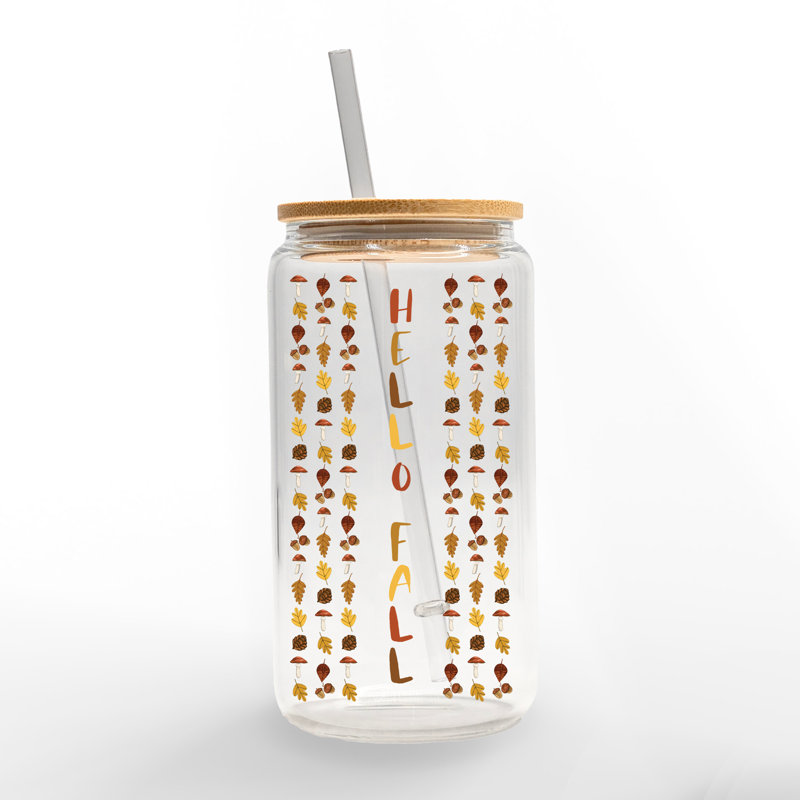 Hello Fall Leaf Border Glass Can Cup With Lid and Straw