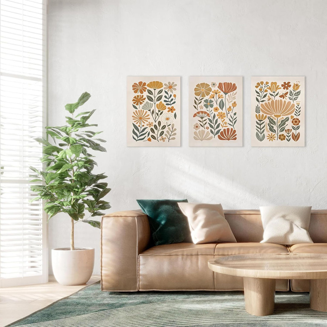 3Pcs Framed Boho Abstract Floral Wall Art Minimalist Wildflower Wall Decor Pictures Modern Botanical Warm Earthy Tones Canvas Posters Prints For Livin