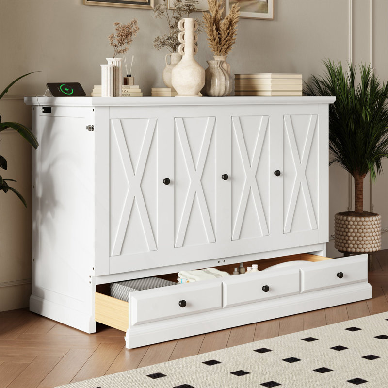Armoire-lit escamotable Murphy avec station de charge et grand tiroir de rangement, Lit double, Blanc
