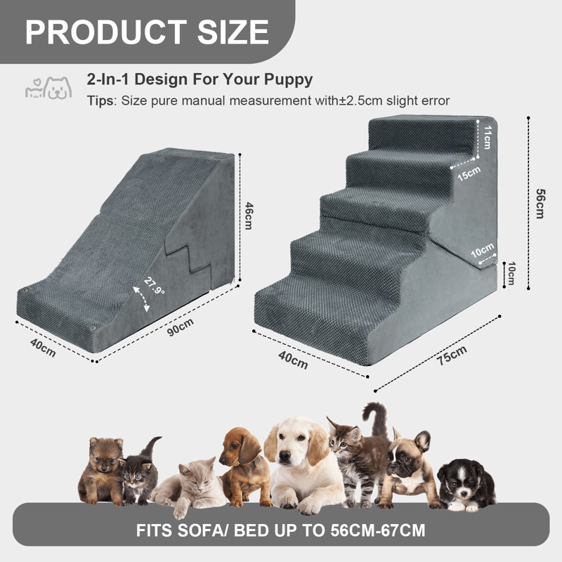 2-in-1 5-Step Foldable Dog Stairs, Convertible Pet Stairs Ramp, Height Adjustable Cat Ladder for Bed Sofa, Waterproof Pet Stairs With Anti-Slip Designs, No Assembly, Suitable Small & Senior Dog, Dark Grey