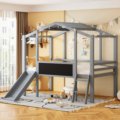 Twin Loft Bed With And Slide In Gray, House-Style Blackboard Intriguing Strip On Roof, Ages 6 Years Beyond Gray & . House Captivating Strip. Safe Play Area For . Easy Assembly Instructions