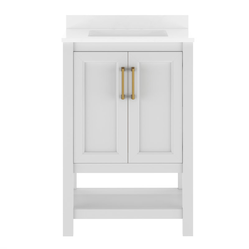 Canita 24'' Bathroom Vanity with Undermount Sink and Open Storage Shelf, White, Gold