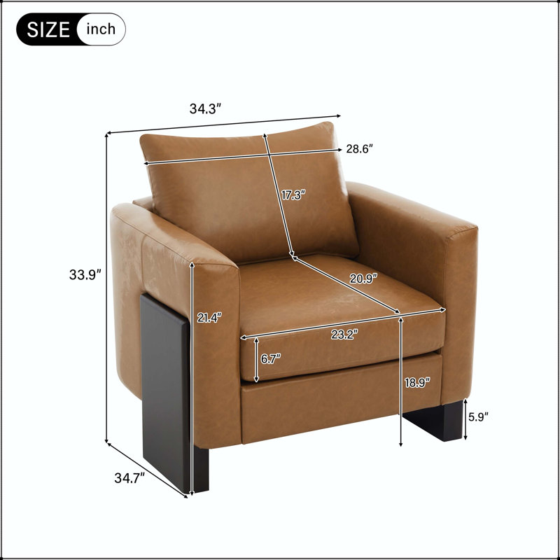 Fauteuil club moderne avec accoudoirs architecturaux et pieds en bois d'hévéa, Brown Faux Leather