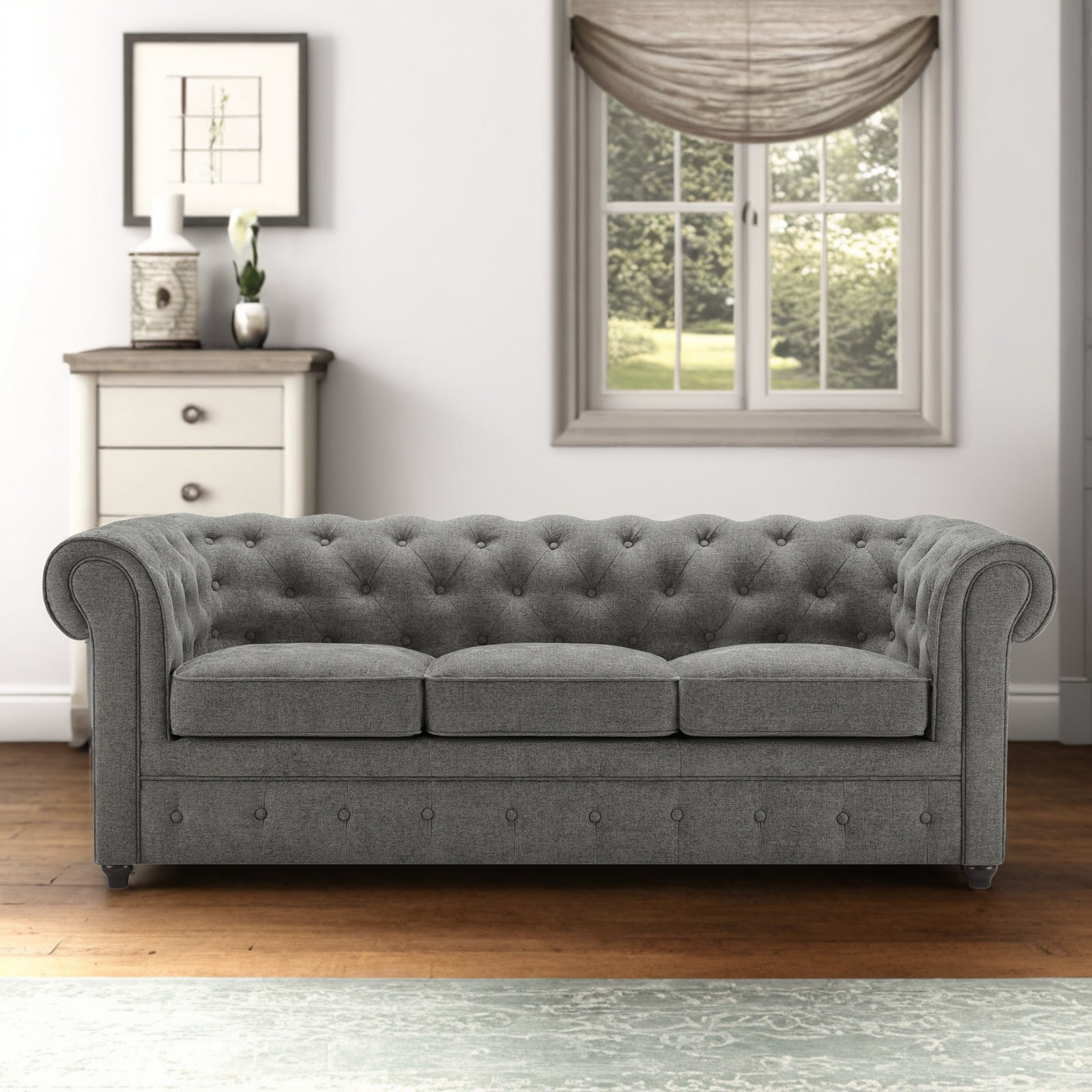 Caigan 79.13'' Chesterfield Tufted Sofa, Milo Fossil Performance Chenille