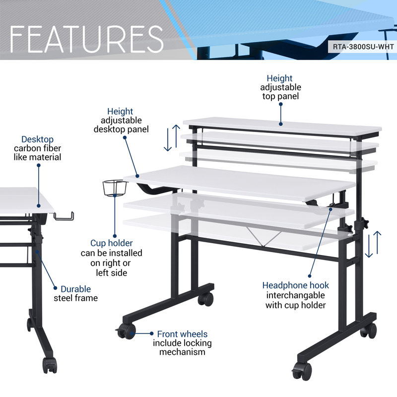 Rolling Writing Desk with Height Adjustable Desktop and Moveable Shelf, White/Black