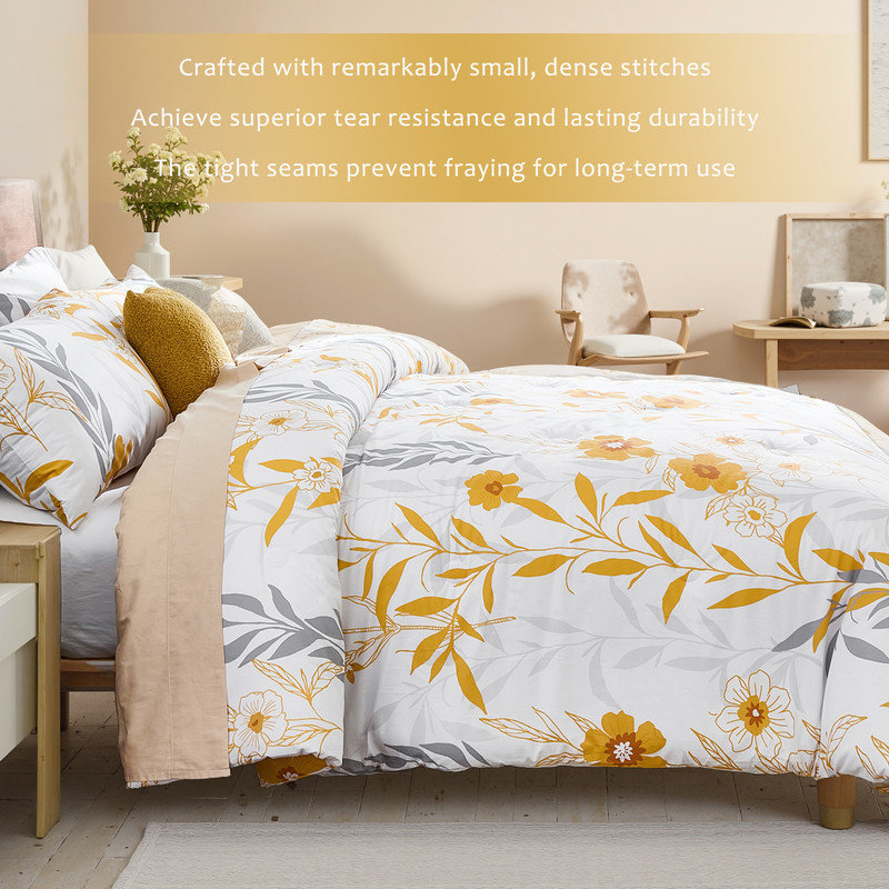 Ensemble d'édredon 100% coton à motif floral 3 pièces pour lit très grand botanique à feuilles jaunes et à feuilles grises