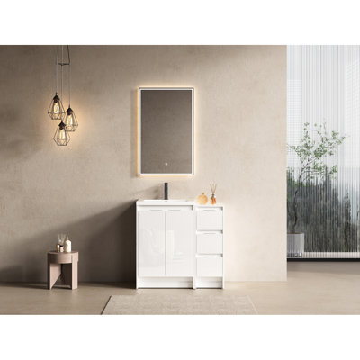 36" Freestanding Bathroom Vanity With Resin Sink, 1 Cabinet, Soft Closing Drawer, Glossy White Finish, Plywood Construction, Modern Furniture, Adjustable Shelves, Silent Door Hinges, Easy To Clean