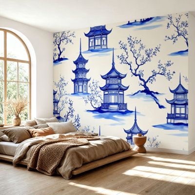 Papier peint auto-adhésif Belle encre de Chine pagodes des montagnes chinoises à motif d'arbres de contact autocollants amovibles pour salon Chambre H 69 po x l 96 po