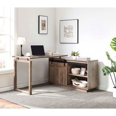 Bureau d'angle en L couleur noisette pour bureau à domicile, avec rangement intégré et porte coulissante de style grange, structure en panneaux de particules, largeur 138 cm, profondeur 128 cm, hauteur 75 cm, poids 35 kg, position réversible