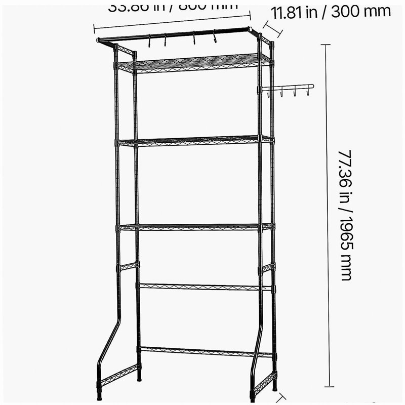 Étagère de rangement au-dessus de la laveuse et de la sécheuse, support de séchage pour salle de lavage à 3 niveaux avec tringle et crochets, tablettes de laveuse réglables à une rangée pour économiser de l'espace, pour le rangement et l'organisation de la salle de lavage, noir