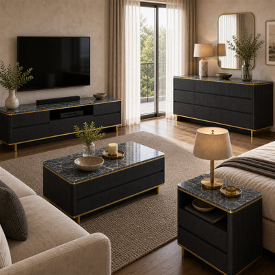 Ensemble de meubles de style marbré 4 pièces Adlington avec meuble télé à DEL de 82,7 po, table basse, commode à 9 tiroirs et table de chevet