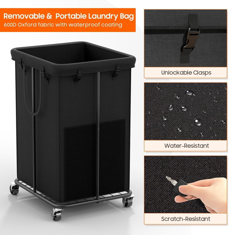 Laundry Hamper With Wheels, Rolling Laundry Basket With Metal Frame And Removable Bag(Black/150L), Black