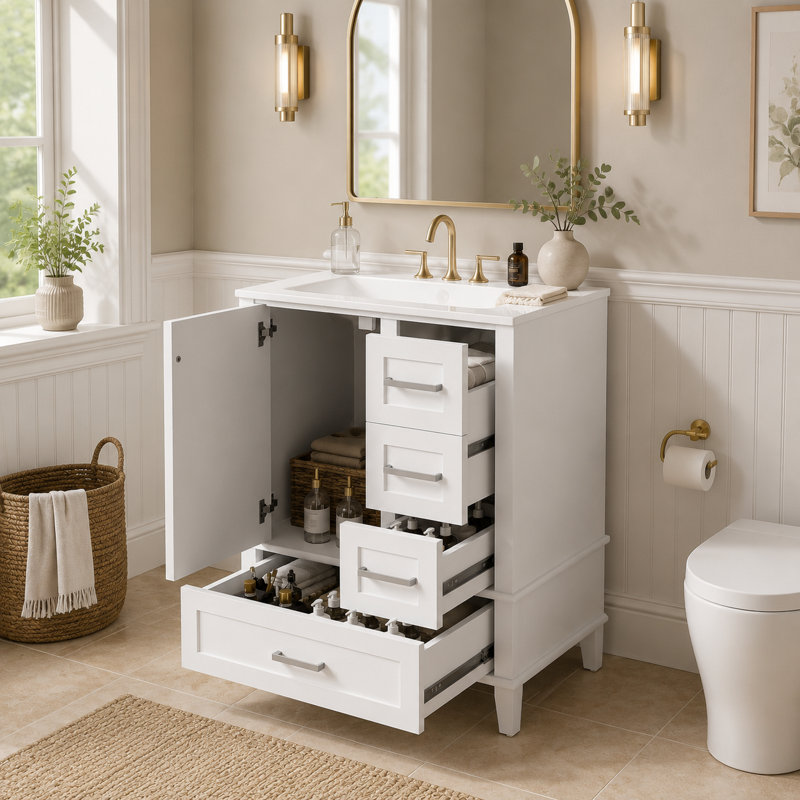 Meuble-lavabo autoportant blanc minimaliste avec quincaillerie et rangement argent