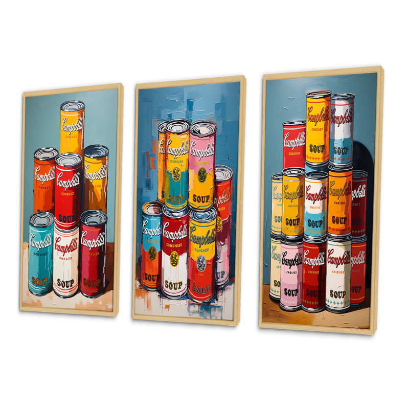 «Pop Art Campbells Soup», 3 pièces sur toile, Cadre naturel flottant, H 40 po x l 60 po