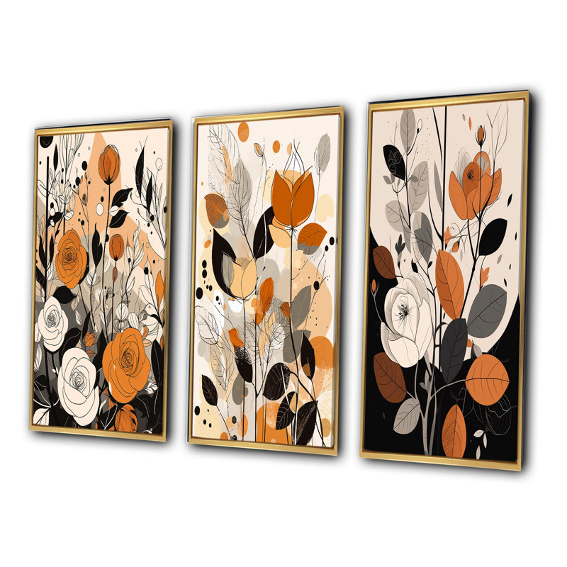 Retro Terracotta Wildflowers Illustration - ensemble de 3 impressions, Cadre flottant doré, H 28 po x l 36 po