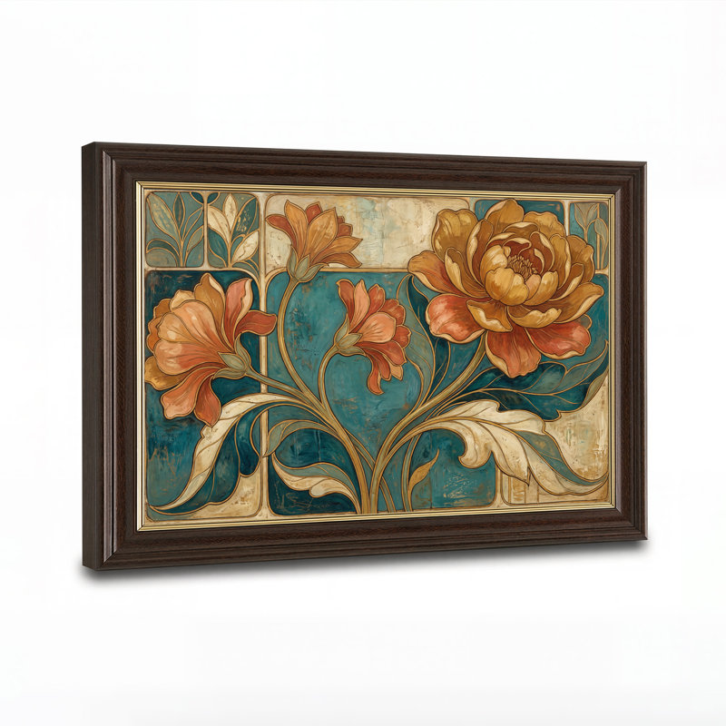 Tableau mural sur toile à motif floral Art nouveau, dans les tons rouille et turquoise, H 12 po x l 18 po