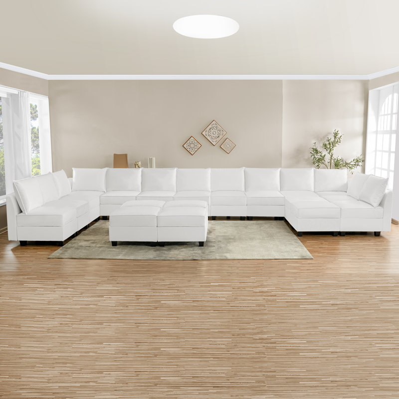 Canapé modulaire en U convertible 13 places avec 6 repose-pieds Ruelu pour grand salon Ruelu, Blanc brillant