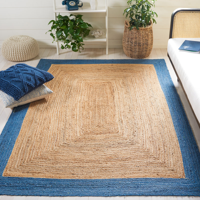 Rea Natural Fiber Flat Weave Jute/Cotton Striped Rug in Natural/Blue, Square 6'