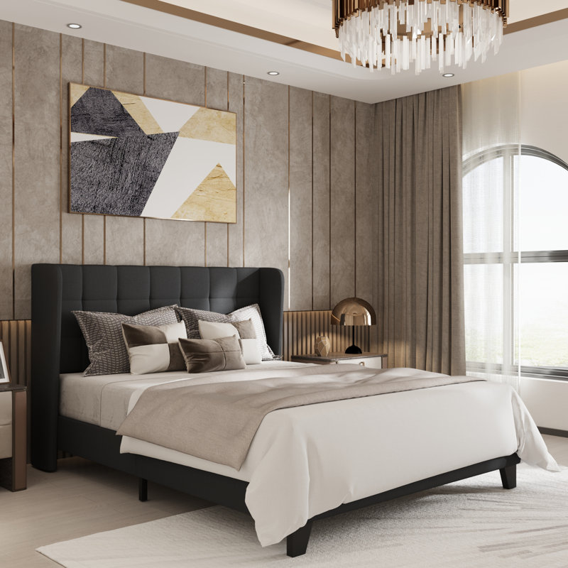 Upholstered Bed with Square Tufting and Wingback, Full, Dark Grey