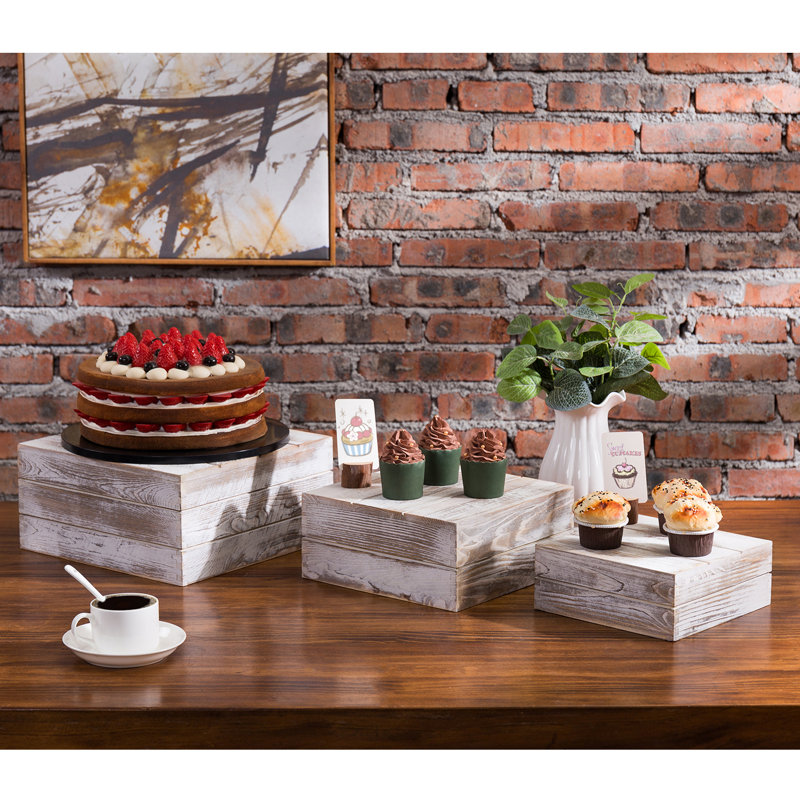 3 Piece Solid Wood Cake Stand Risers, White