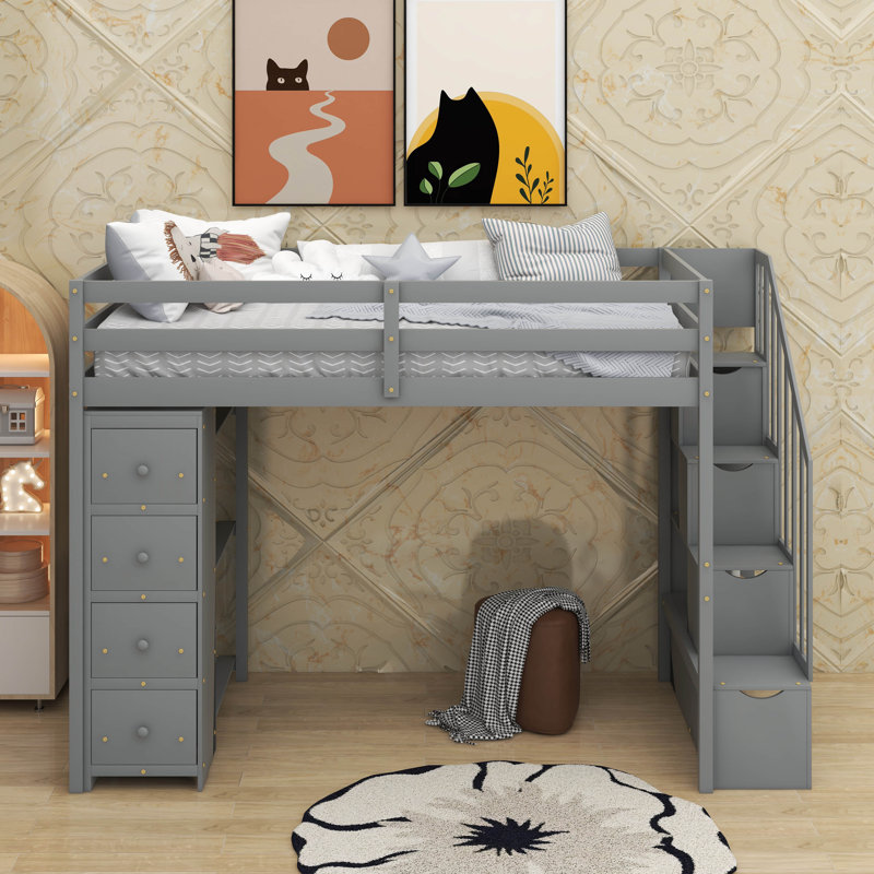 Lit mezzanine simple avec tiroirs et escaliers, gris
