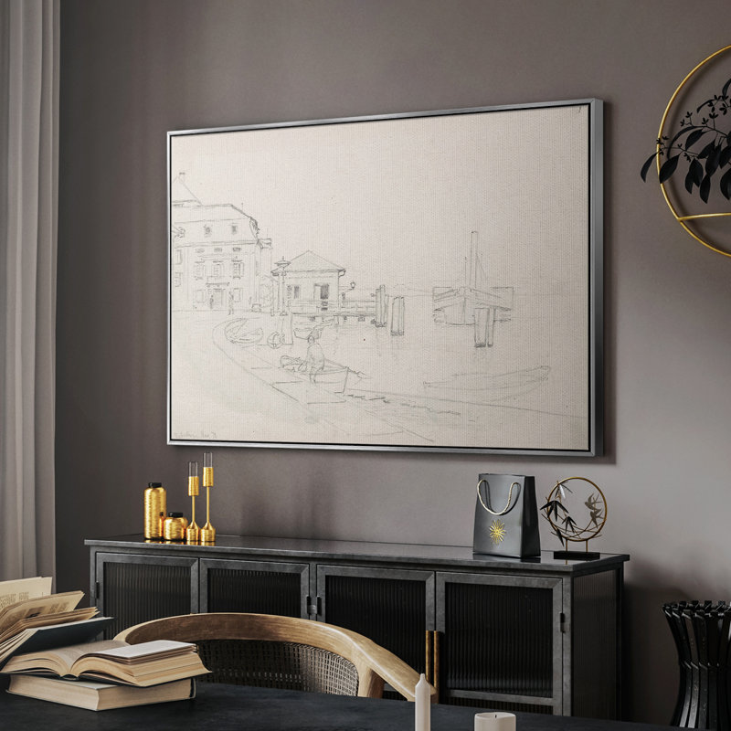 Croquis rétro-XXXII, Toile argentée avec cadre flottant, 17" H x 25" W x 2" D
