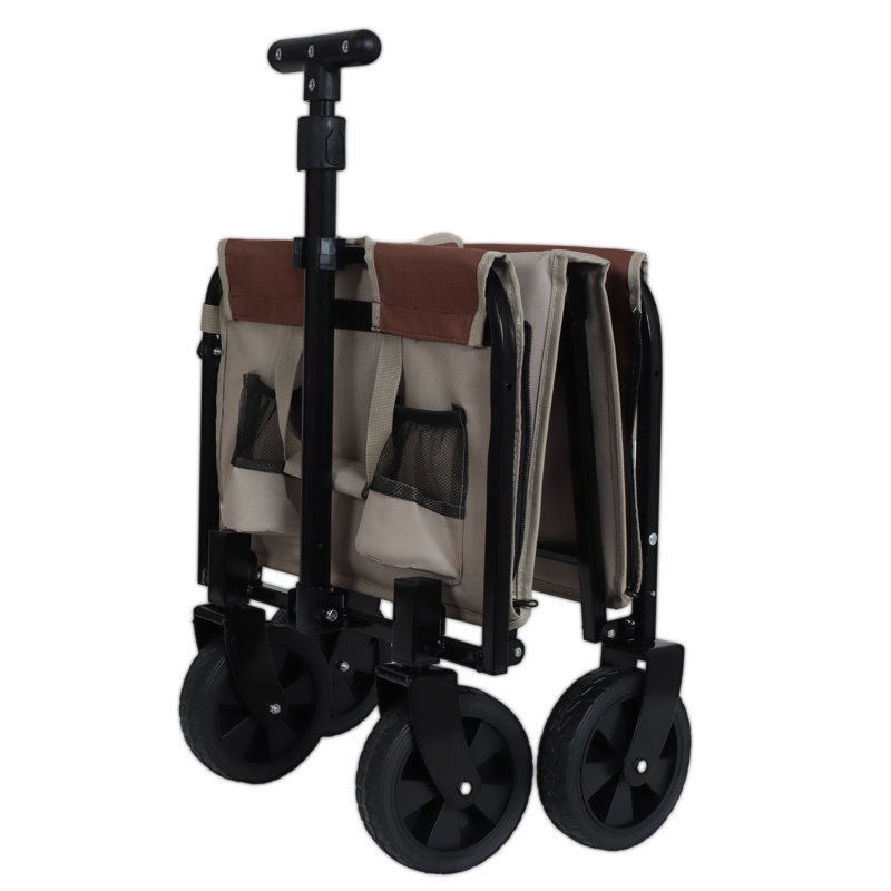 All-in-One Convertible Folding Camping Wagon Cart with Bench Seat, Beige Brown Steel Frame
