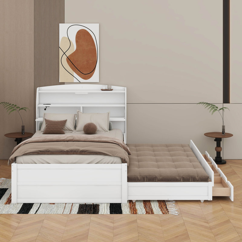 Lit plateforme en bois avec lit gigogne, tête de lit et tiroirs à DEL, Blanc, Lit double