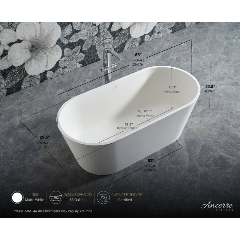 Baignoire autoportante TRANQUIL 65 po en surface solide blanche