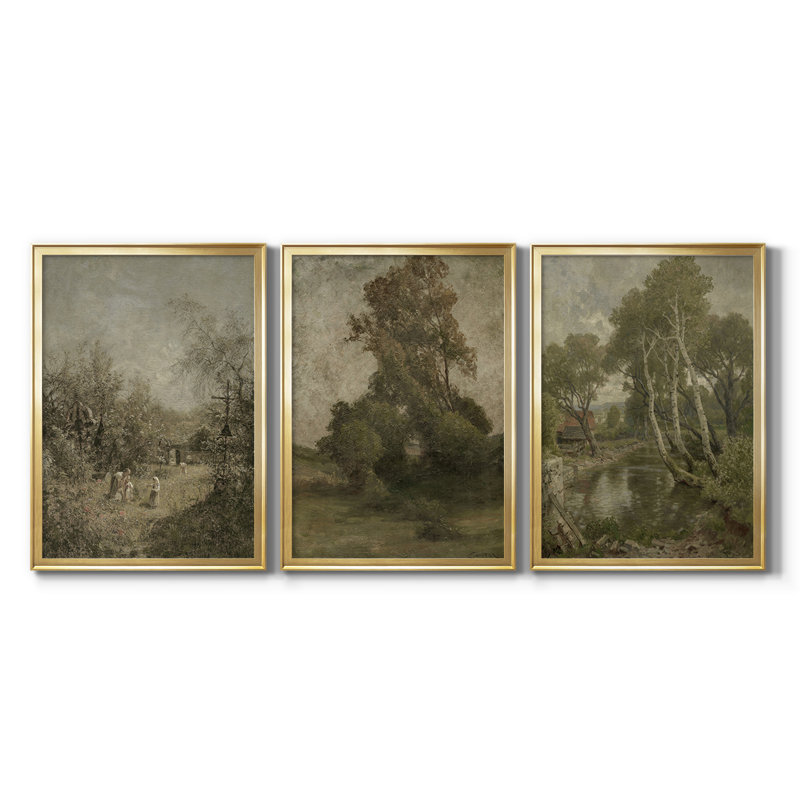 Paysage rétro CLxxl III - Toile tendue avec châssis sur mesure - 3 pièces, H 27 po x l 39 po, Doré