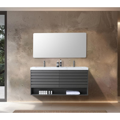 Meuble-lavabo en contreplaqué de chêne naturel avec plateau en pierre reconstituée 60 po Maumelle