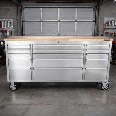 72 Inch Rolling Tool Chest, Heavy Duty Stainless Steel Tool Cabinet with 15 Drawers, Solid Wood Workbench Top