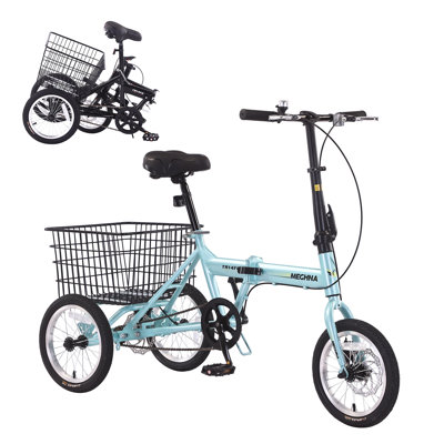 Foldable Adult Tricycle with 14 Inch Wheels, 3-Wheel Steel Frame Bike in Light Blue