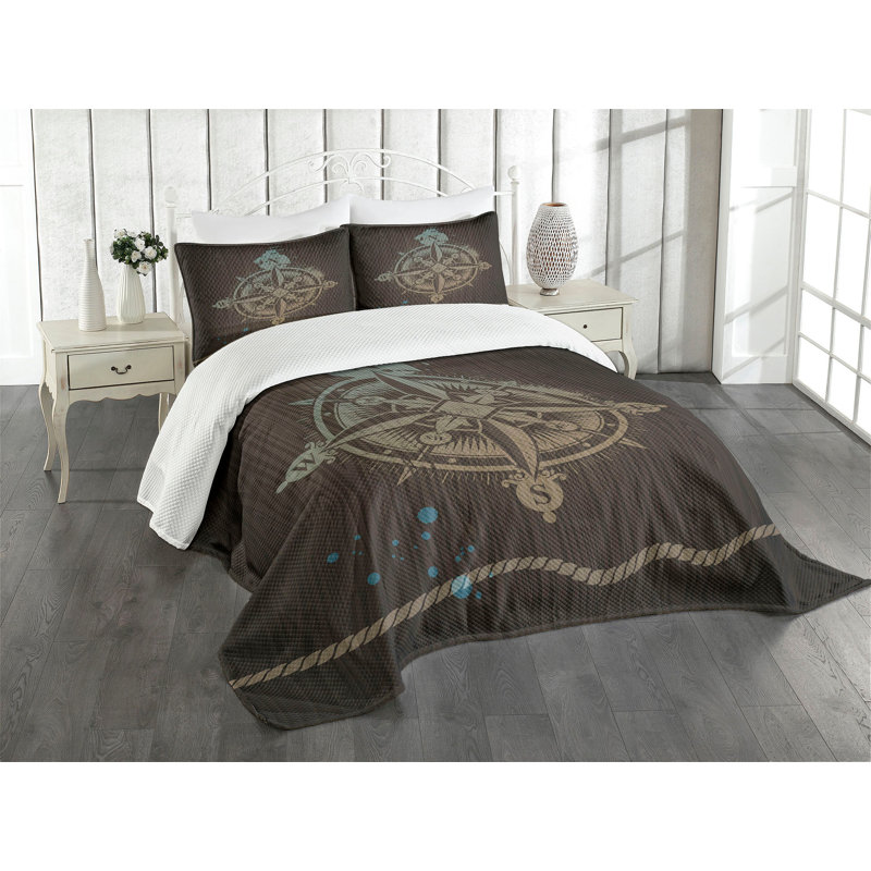 Ambesonne Compass Bedspread Set Boating Ship Tan Brown, King Bedspread + 2 Standard Shams