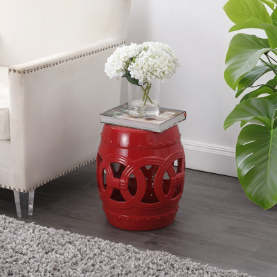 Lucky Coins 16" Contemporary Matte Red Ceramic Cutout Interlocking Rings Drum Garden Stool, Indoor & Outdoor Accent Side Table, Seat & Plant Stand