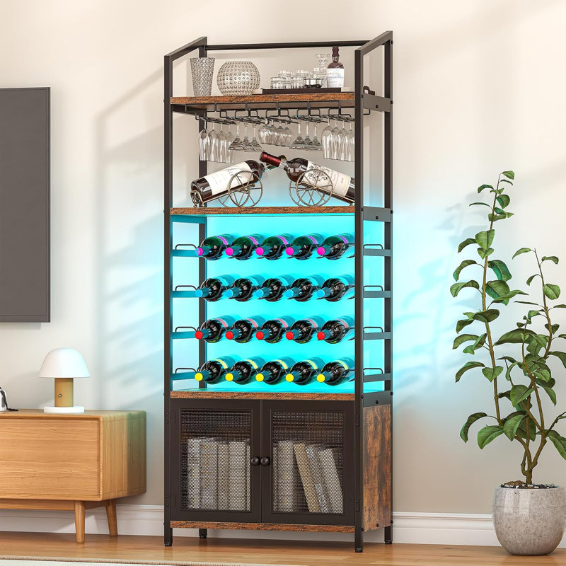Support pour 20 bouteilles de vin et verre sur pied, support pour vin sur pied avec lumières DEL