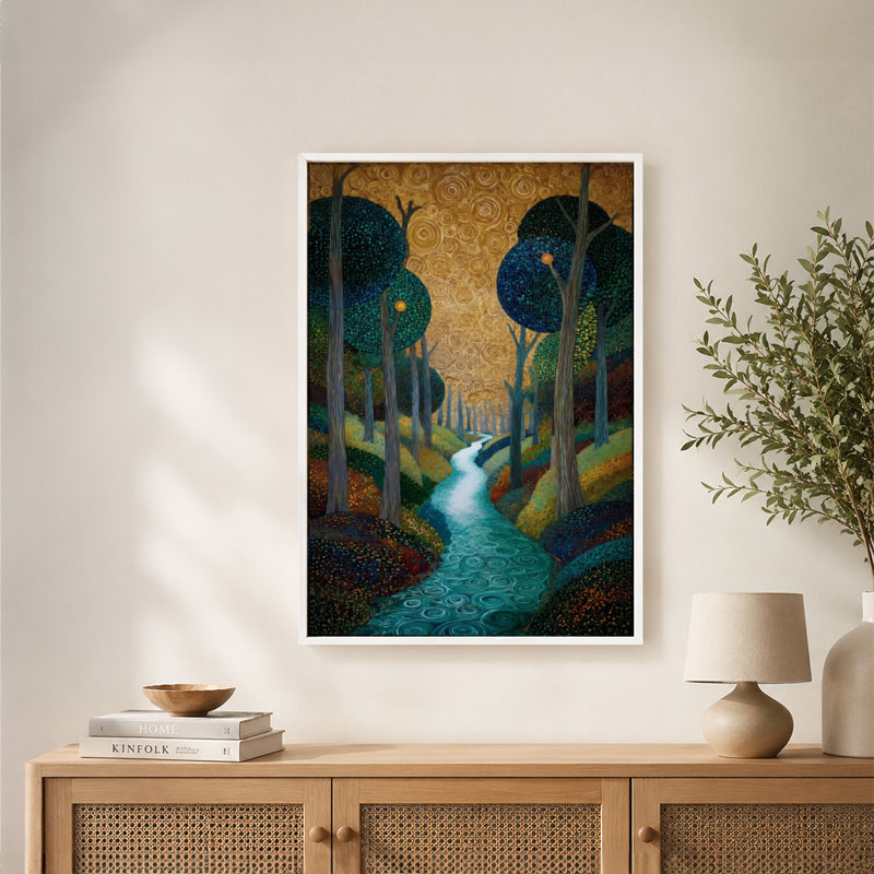 «Forest Stream Winding Path Vibrant Trees», art mural sur toile avec cadre flottant, prêt à être suspendu, 16x24in, Brown