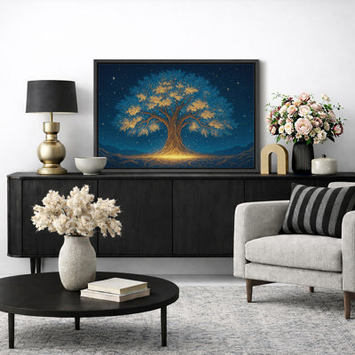 Glowing Tree of Life Artwork, Fantasy Night Sky Living Room Pictures, Framed Canvas Giclee Print Wall Art