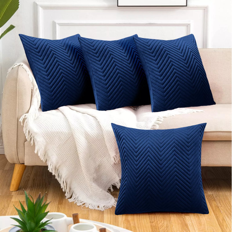 Luxury Chevron Embossed Quilted Pattern Velvet Cushion Cover Set (4-Pack) - Soft Throw Cushion Cover for Home Décor, Navy
